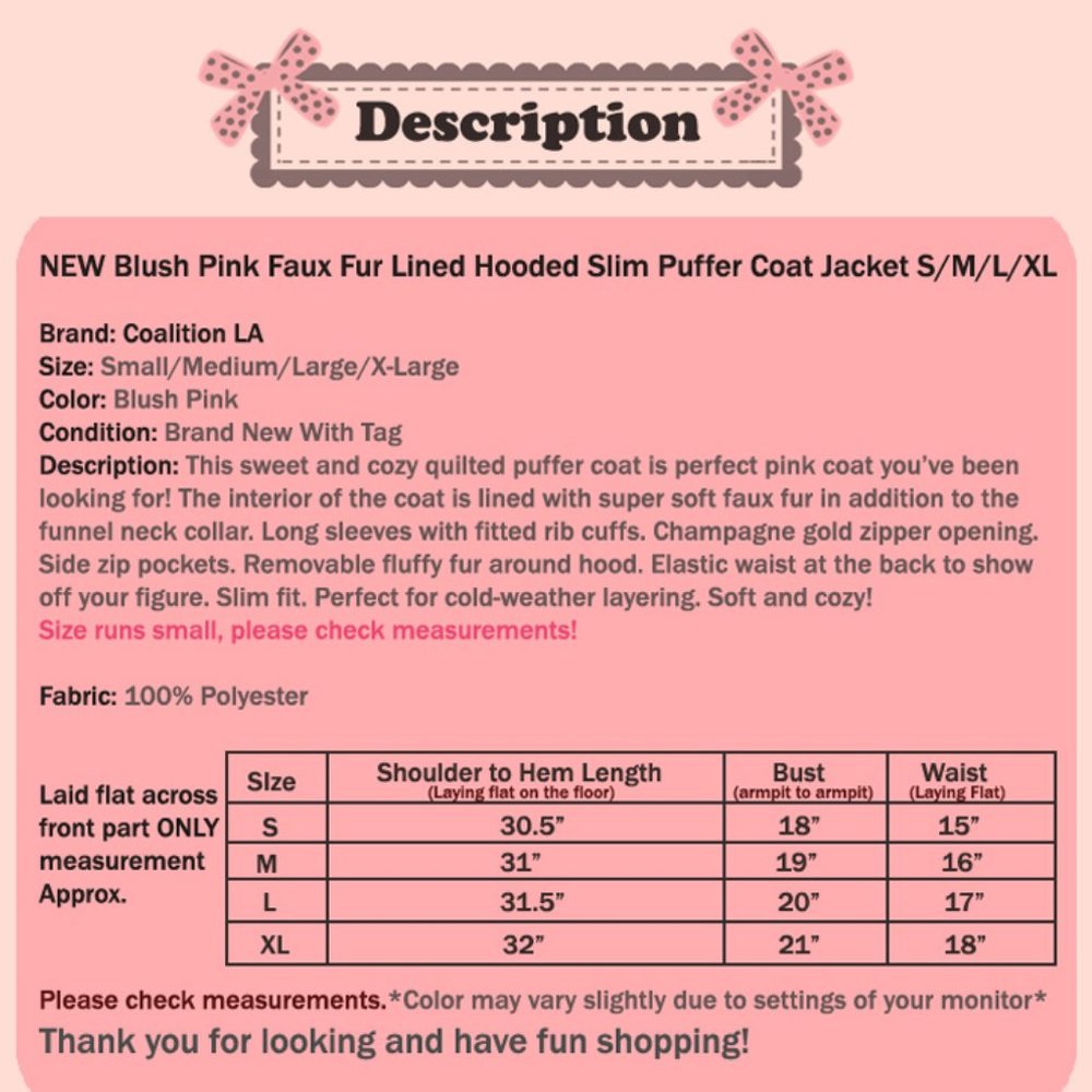 NEW Blush Pink Faux Fur Lined Puffer Coat Jacket - Picture 14 of 14